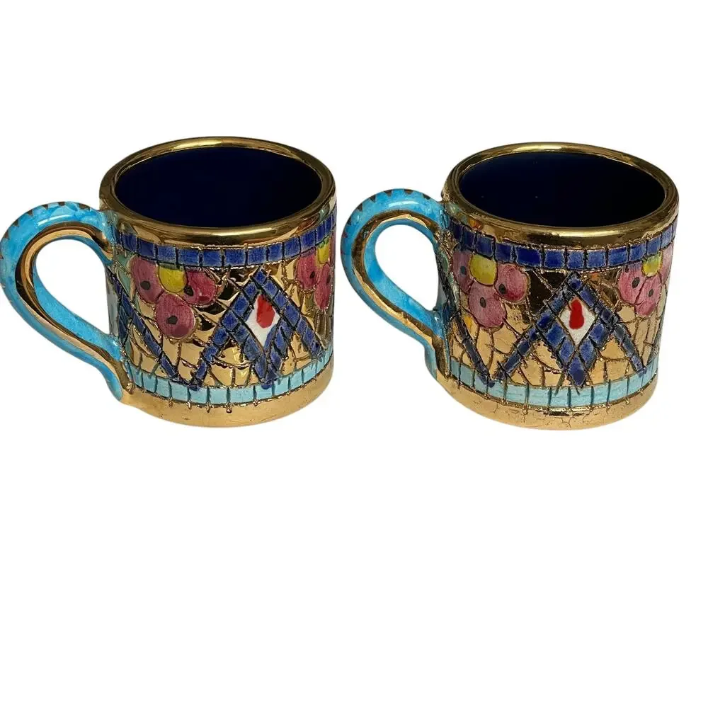 Italian Mosaic Espresso Set Byzantine Peacock Catania 24K Accent Tray Cup Sugar